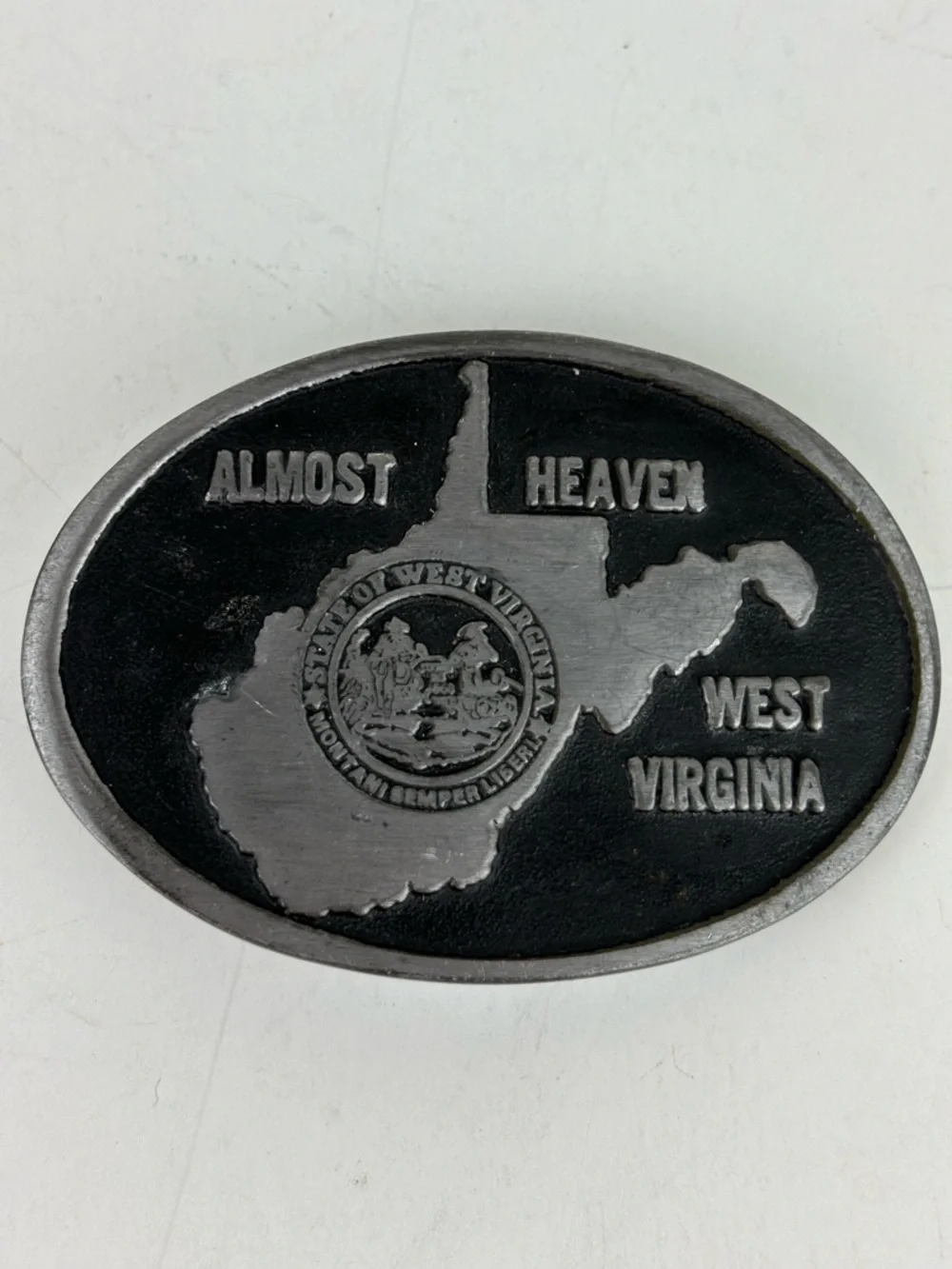 West Virginia 'Almost Heaven' Oval Belt Buckle-Brushed Silver-State/Collectible